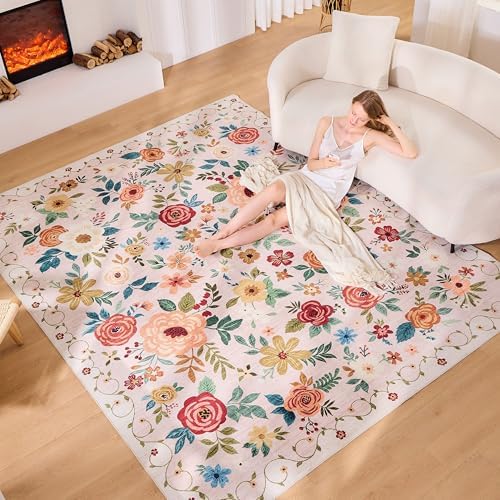 DUKINO 8x10 Area Rugs, Floral Washable Living Room Rug Non Slip, Beige - Image 3