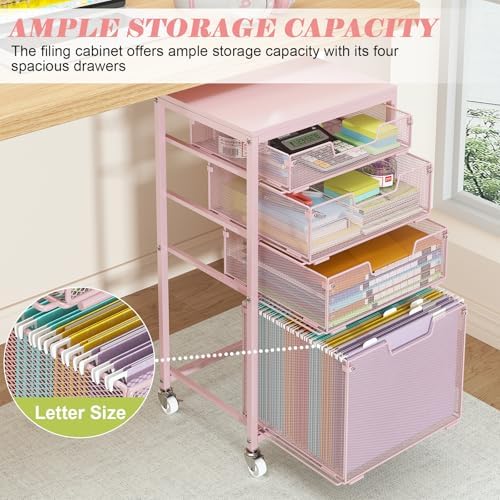 Sbanmao 4 Drawer Rolling File Cart Under Desk Storage, File Cabinets for Home Office, Mobile Filing Cabinet, Hanging File Organizer with Wheels, Utility Cart Printer Stand, Pink - Image 4