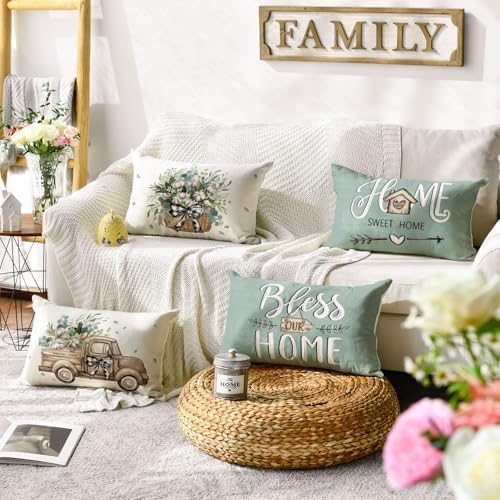 AVOIN colorlife Bless Our Home Farmhouse Eucalyptus Leaves Throw Pillow Covers, 12 x 20 Inch Blue Truck Home Sweet Cushion Case Decorations Set of 4 - Image 5
