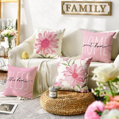AVOIN colorlife Home Sweet Home Spring Summer Flowers Pink Throw Pillow Covers, 20 x 20 Inch Cushion Case for Sofa Couch Set of 4 - Image 2