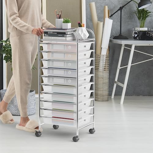 MEDIMALL 10 Drawers Rolling Storage Cart, Multipurpose Craft Storage Cart with Wheels, Mobile Tools Scrapbook Paper Organizer Cart for Office School Home Use (Clear) - Image 2