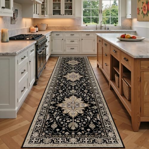 RELEANY Washable Area Rug, Runner 2'x7', Black/Neutral by RELEANY