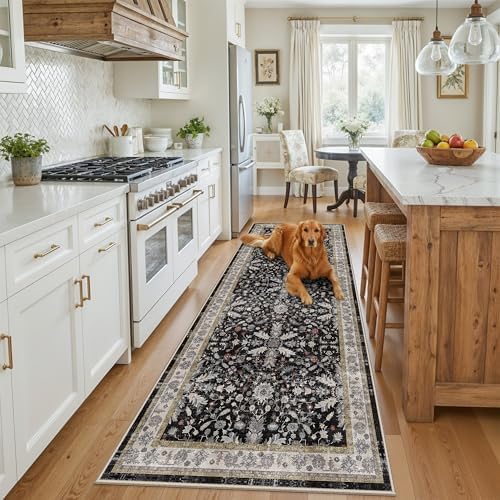 3x8 Hallway Runner Rug Washable Non-Slip – Boho Floral Soft Wide Carpet Runner for Kitchen Entryway Bathroom Bedroom – Low-Pile Thin Floor Mat with Rubber Backing (Black,3x8) - Image 3