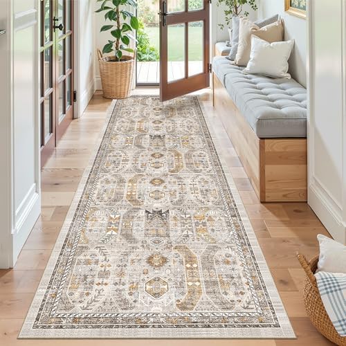 Madane Kitchen Runner 2'6''x8' Soft Rug Runners for Hallways, Brown/Gold - Image 3