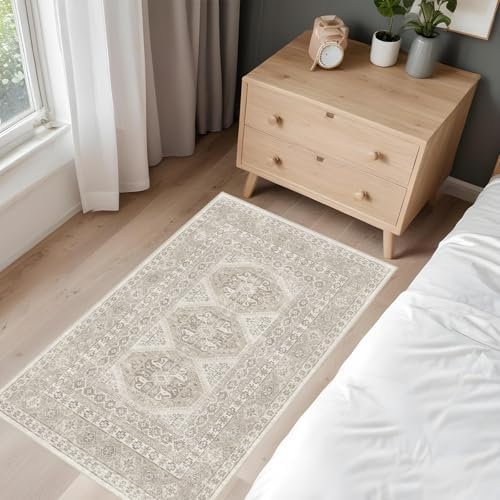 2x3 Area Rug Washable Vintage: Non Slip Throw Rugs for Entryway Floor Beige - Image 2