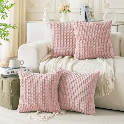 Set of 4 Light Pink Decorative Throw Pillow Covers 18x18 Inch Corduroy Pillow Covers for Bed Couch Sofa Living Room Soft Square Cushion Cases by Cozoomy