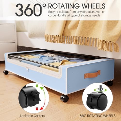 Yecaye Under Bed Storage with Wheels, 2 Pack Under Bed Storage Containers, 60L Underbed Shoe Storage with Clear Window & Label, Rolling Under Bed Metal Drawer for Clothes, Shoes, Books, Blankets, Blue - Image 4