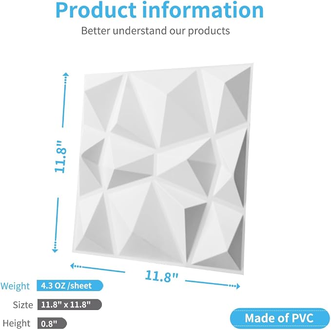 Art3d Decorative 3D Wall Panels in Diamond Design, 11.8"x11.8" Matt White (33 Pack) - Image 4