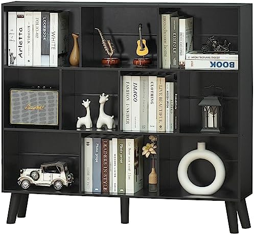 YAHARBO 10 Cube Bookshelf,3 Tier Bookcase with Legs,Black Mid-Century Modern Bookshelves,Large Free Standing Open Storage Organizer Shelf,Tall Wooden Book Case Furniture for Bedroom,Living Room,Office by YAHARBO