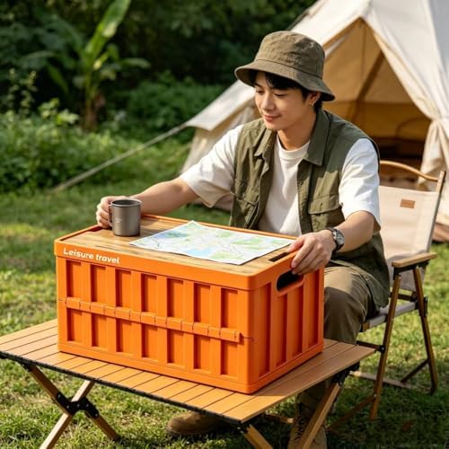 3 Pack Orangered 50L Collapsible Storage Crate with Wooden Lid - Image 2