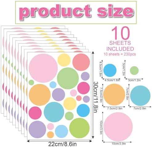 230 PCS Pastel Polka Dot in Bright Macaron Colors Wall Decals Set | 10 sheets removable waterproof peel & stick circle wall stickers for nursery, kids room, bedroom, playroom & home decor - Image 2