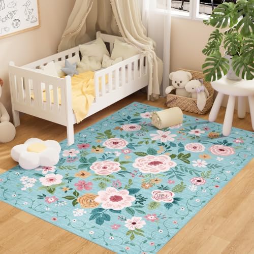 DUKINO 3x5 Area Rug, Floral Washable Rug for Bedroom Non Slip, Teal by DUKINO