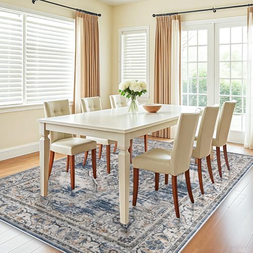 Washable Living Room Area Rug: 7x9 Bedroom Rugs - Farmhouse Distressed Printed Floral Carpet - Foldable Non-Shedding Floor Carpet for Dining Room 7'x9' Blue - Image 2