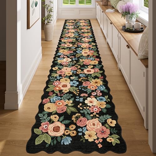 DUKINO 2.6x14 Runner Rug, Floral Washable Rug for Hallway Non Slip, Black - Image 3