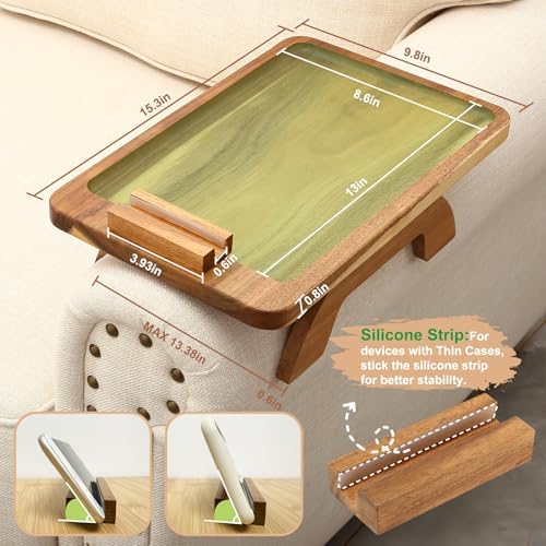 SINWANT Couch Arm Tray, Acacia Wood Sofa Arm Rest Table Clip on Wide Armrest,Folding Anti Slip Couch Armrest Table with 360° Rotating Phone Holder for Snacks,Drinks,Remotes - Image 6