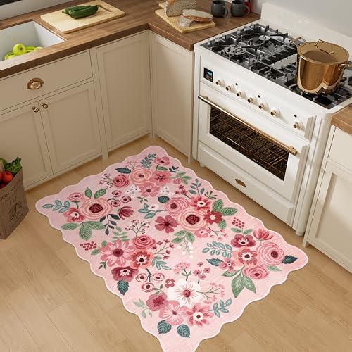 DUKINO 2x3 Rugs for Entryway, Floral Door Mat Washable Kitchen Rugs, Pink - Image 5