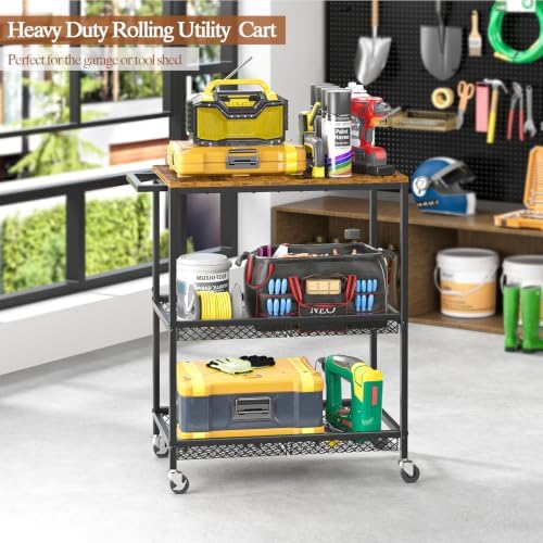 3 Tier Rolling Utility Kitchen Cart on Wheels, Heavy Duty Wire Rolling Cart with Wooden Top, Commercial Metal Serving Cart with Handle, Kitchen Island Food Storage Trolley for Laundry, Office, Garage - Image 7