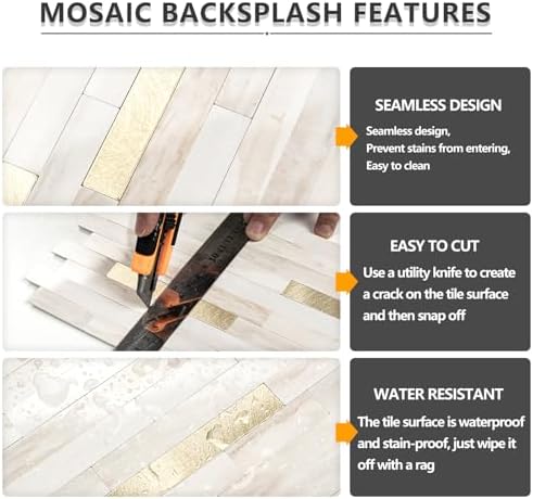STICKGOO 2 Sheets Peel and Stick Backsplash Tile, Stick on Backsplash for Kitchen and Bathroom, Glossy Eurasian Wood Grain PVC Mixed Metal Gold Self Adhesive Wall Tiles - Image 4