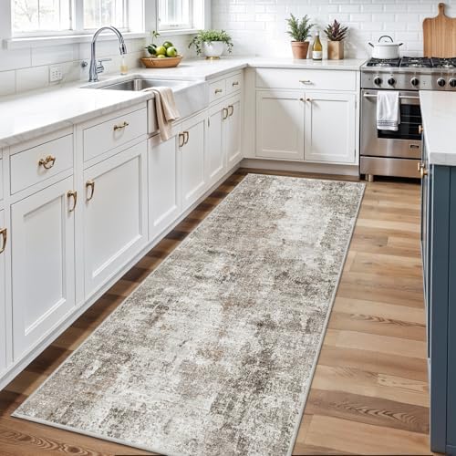 Washable Non Slip Runner Rug 3x8 – Hallway Runner Rug & Kitchen Carpet Runner – Modern Abstract Neutral Low Pile Area Rug for Entryway Bathroom Bedroom (Beige Grey) - Image 3