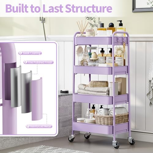 TOOLF 4 Tier Metal Rolling Cart, Utility Storage Cart with Wheels, Purple | Screwless Assembly, Lockable Metal Wheels, Trolley Organizer for Bathroom, Kitchen, Office, Dorm, Laundry, Craft Room - Image 6