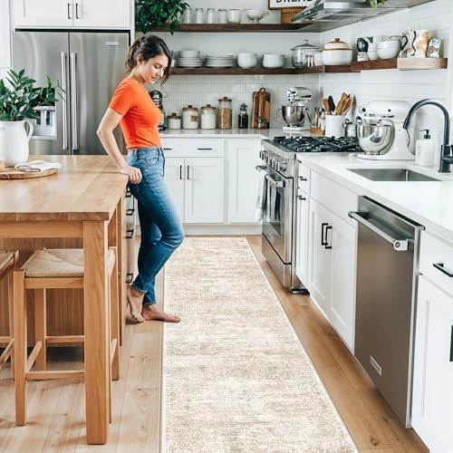 Runner Rug 2x10 Washable Non-Slip Hallway: Vintage Boho Carpet with Rubber Backing for Kitchen Entryway Hall Holiday Farmhouse Neutral Cream Long Runners (Cream/Beige,2'x10') - Image 3
