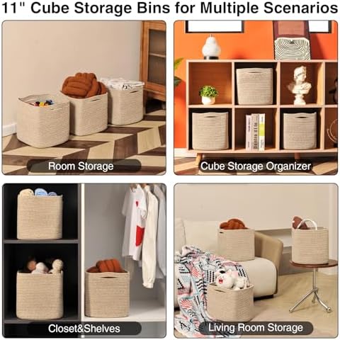 11 Inch Cube Storage Bins, Organizing Bins for Cube Organizer, Storage Baskets for Organizing, Woven Storage Basket for Shelves, Cotton Rope Toy Baskets Storage Kids, Brown (Pack of 3) - Image 5