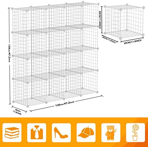 HUBSON Wire Cube Storage Organizer, Book/Toy/Craft/Potted Plants and Pet Closet Organizers, 16-Cube Freely Combinable Metal Grid Storage Shelf, White Iron - Image 3