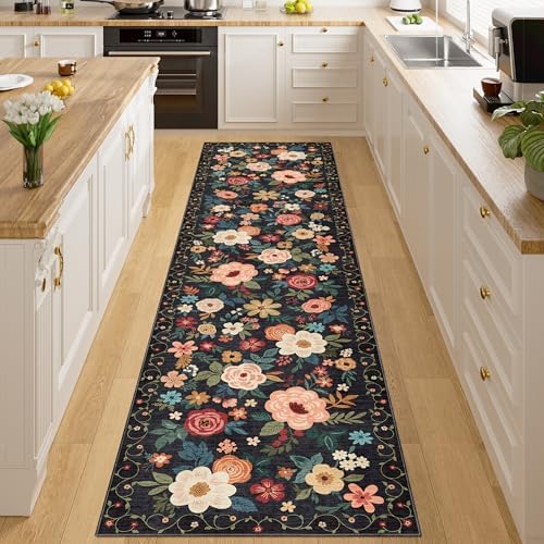 DUKINO 2x8 Runner Rug, Floral Washable Kitchen Runner Rug Non Slip, Black by DUKINO