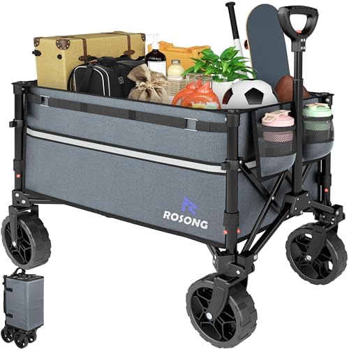 ROSONG Collapsible Wagon Cart with Wheels Foldable - Folding Utility Heavy Duty Wagons Carts for Grocery Sports Garden Shopping Camping Grey by ROSONG
