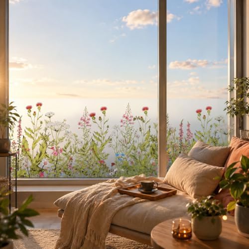 Static Cling Window Privacy Film, 78" x 17" Frosted Glass Covering with Wildflower & Botanical Patterns, Removable No Glue Window Film for Home Bathroom Bedroom Office (Wildflower) - Image 2