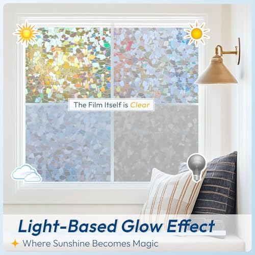 rabbitgoo Rainbow Window Privacy Film Decorative Stained Glass Diamond Pattern Window Sticker with Iridescent Tint Non-Adhesive Static Cling for Home Office Crystal Pattern, 17.5 x78.7 inch - Image 5
