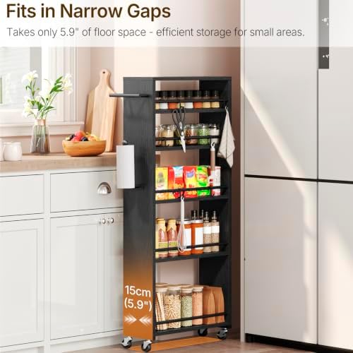 YATINEY 6 Tier Slim Storage Cart, Narrow Kitchen Cart with Wheels, Rolling Utility Cart with Handle and 6 Hooks, Space Saving Organizer for Kitchen, Bathroom, Laundry Room, Black BC11BB - Image 4