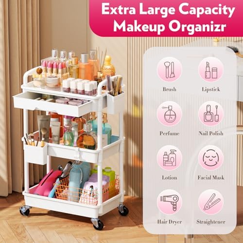 SUNALLY Makeup Cart Organizer with Drawer,3 Tier Rolling Makeup Cart, White - Image 4