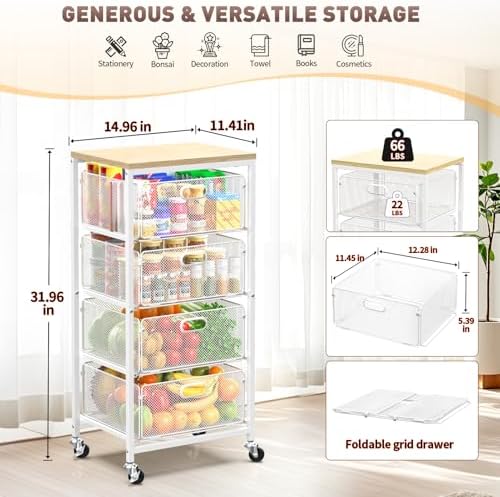 SUNALLY Kitchen Storage Cart with Drawers,Metal Snack Cart Organizer,White - Image 2