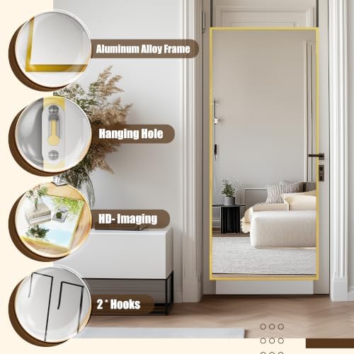 Antok Over The Door Mirror Full Length, 58'' x 21''Wall Mounted Hanging Mirror, Aluminum Alloy Frame, Shatterproof Glass, No Drill Installation for Bedroom, Closet, Bathroom, Dorm, Rect Corner,Gold - Image 5