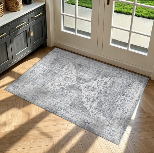 Washable 3x4 Entryway Rug, Vintage Non-Slip Low Pile Rugs by Winslssol