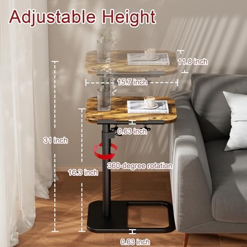 Tv Tray Table Adjustable Height Couch Side Table, Tilt Angle Adjustments-360° Swivel/180° Flip-Over Panel C-Shaped End Table With Tablet Slot, Computer Desk for Chair, Living Room (Rustic Brown) - Image 2