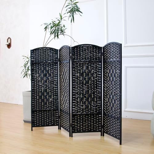 4-Panel Short Room Divider, 3.9 ft Freestanding Partition Wall, Natural Black Rattan Double-Sided Folding Screen for Living Room, Bedroom & Corner Privacy by Loomveil