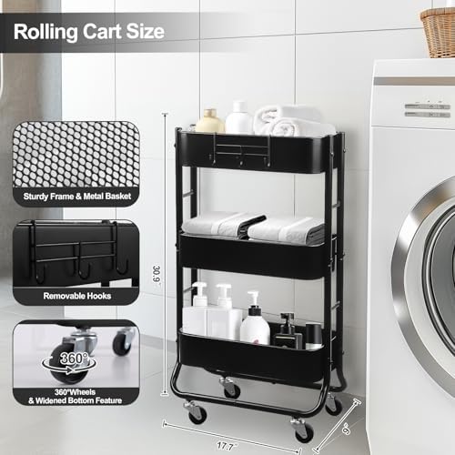 MAX Houser Slim 3-Tier Rolling Utility Cart with Extra Hook, Black - Image 2