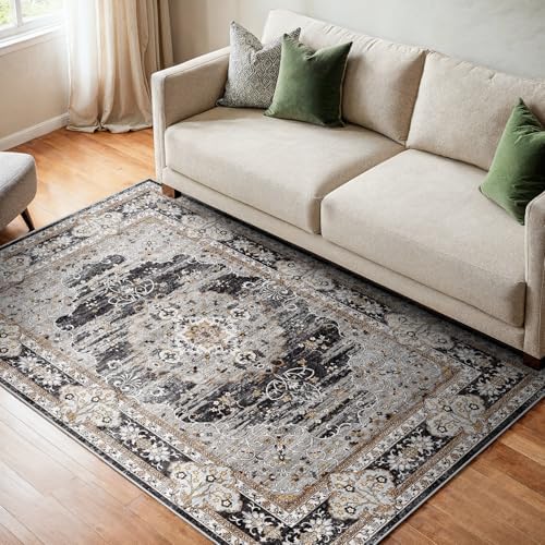 3x4 Washable Entryway Area Rug - Non-Slip Vintage Throw Rugs Black Gray - Image 2