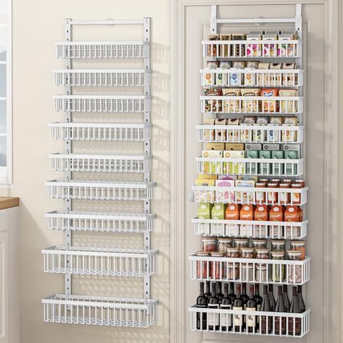 POKIPO 9 Tier Over The Door Pantry Organizer, 2 in 1 Wall Mount or Hanging Spice Rack with Adjustable Deep Basket, Heavy-Duty Seasoning Organizer and Storage for Kitchen Cabinet Closet Bathroom by POKIPO