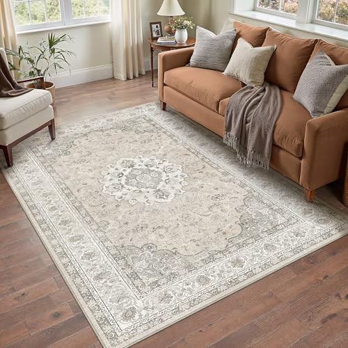 3x4 Washable Area Rug Beige Brown Non Slip Vintage Carpet by WondRg