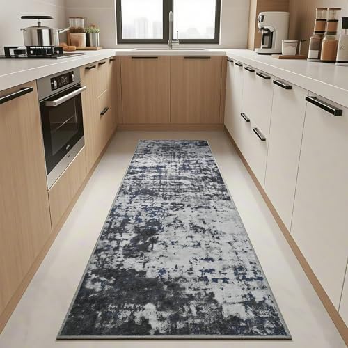 2x6 Washable Runner Rug Non Slip Runners for Hallway, Kitchen Soft Stain Resistant Floor Carpet with Rubber Backing Abstract Rugs for Entryway, Bedroom, Bathroom, Laundry Room, Dark Grey Blue - Image 6