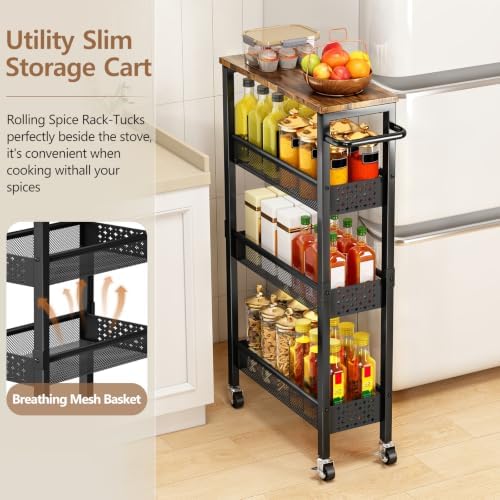 Slim Storage Cart with Wheels, 4 Tier Metal Rolling Organizer with Wood Top and Handle, Narrow Utility Shelf for Kitchen Bathroom Laundry Room, Black - Image 6