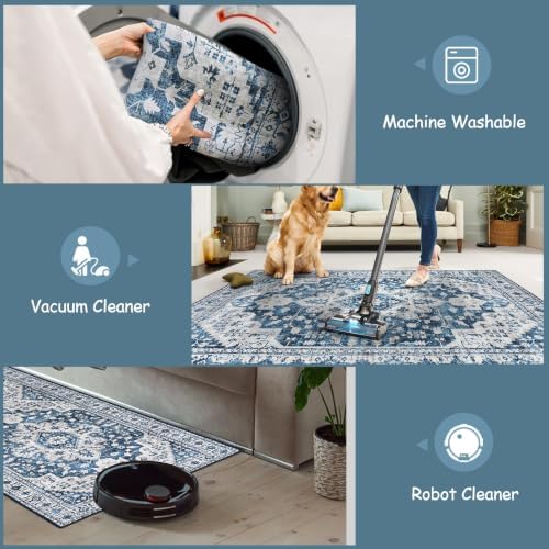 Moynesa Ultra-Thin Vintage 8x10 Area Rugs - Blue Bedroom Rugs for Living Room Non-Slip Stain Resistant, Printed Oriental Playroom Mat Indoor Floor Carpet for Dining Table Office Decor - Image 5