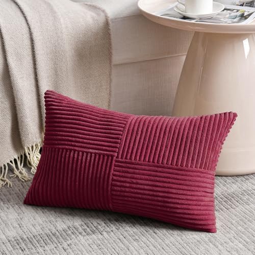 Fancy Homi 2 Packs Burgundy Lumbar Decorative Throw Pillow Covers 16x32 Inch for Living Room Couch Bed, Farmhouse Boho Home Decor, Soft Striped Corduroy Rectangle Accent Cushion Case 40x80 cm - Image 2