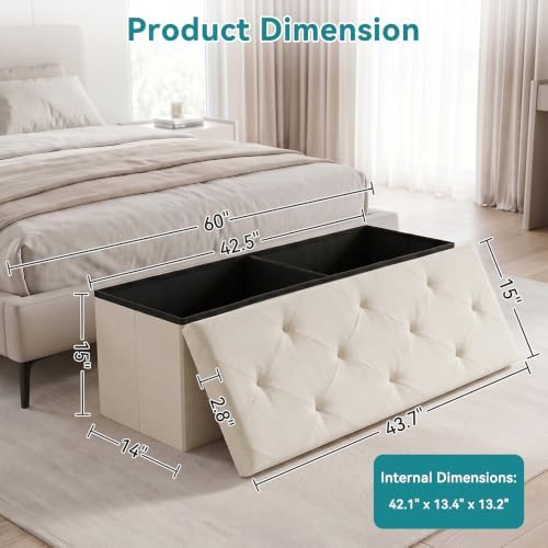OLIXIS 43 Inch Folding Storage Ottoman Bench, Beige Ottoman with Storage - Image 3