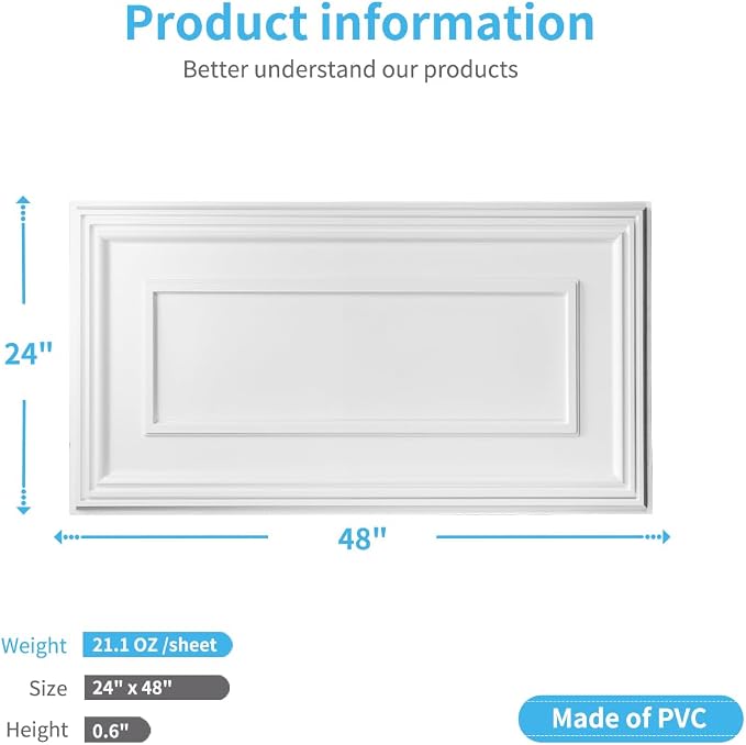 Art3d PVC Ceiling Tiles, 3D Plastic Sheet in White, 2 × 4 ft, 24-Pack | Lightweight, Waterproof, No Sag and Breakage, Compatible with Grid System, Perfect for Basement, Kitchen - Image 2