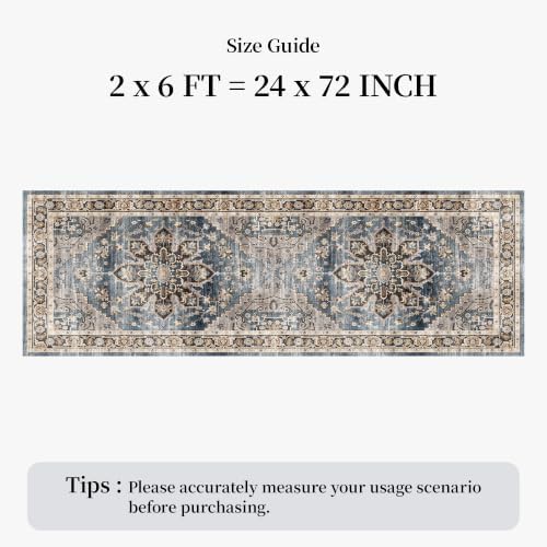 2x6 Washable Hallway Runner Rug - Non-Slip Backing Vintage Rugs Blue Gray - Image 2