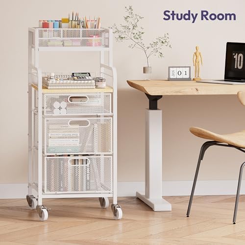 SWTYMIKI Rolling Cart with Drawers - Metal Craft Cart with Wheels, DIY Divider and Wood Shelf, Art Supply Organizer Craft Organizer and Storage, Utility Storage Cart for Home Office Studio, White - Image 4